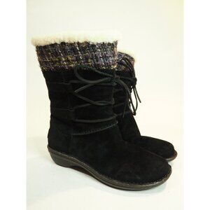 Ugg Black Leather Suede Tweed Cuff Sheepskin Lined Laced Boots, Size 9 (US)